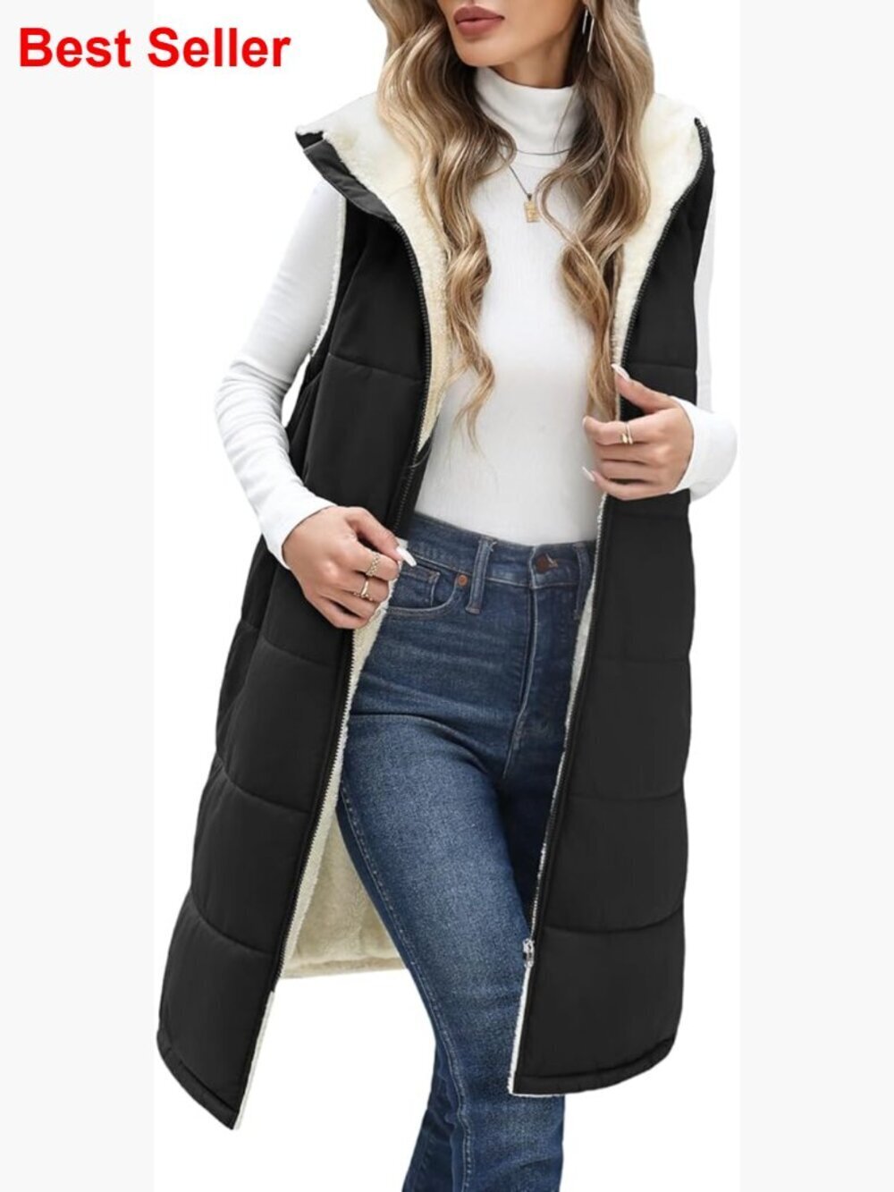 Sleeveless Fleece Lined Quilted Puffer Vest with Hood